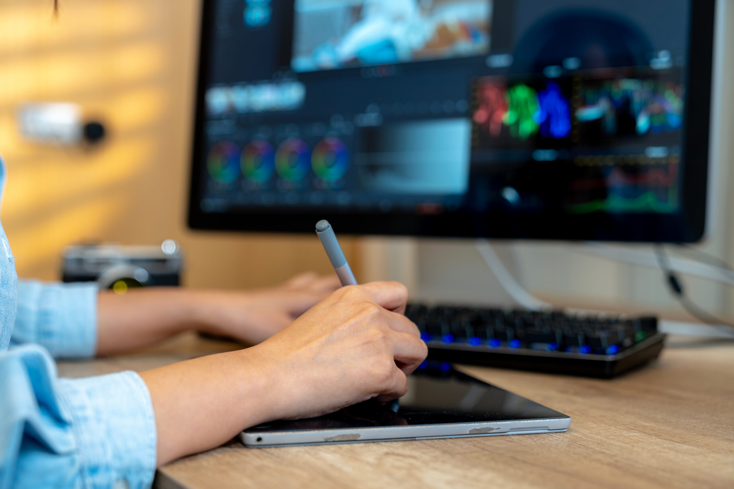 A graphic designer from our team working on editing a digital design using Adobe software tools.
